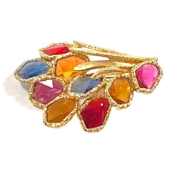 CAPRI Faceted Glass Brooch Bright Gold Tone Modern Multicolor Flower Spray VTG